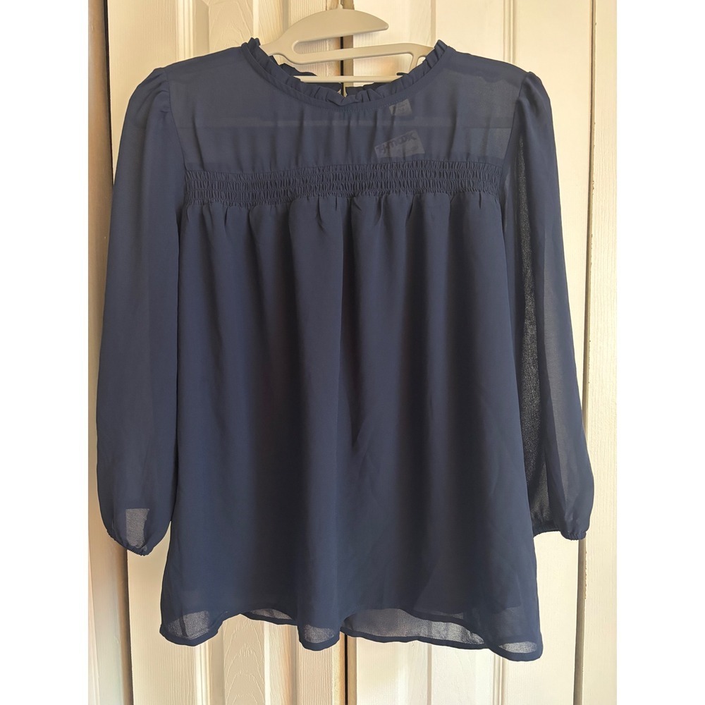 NWT Monteau Navy Blue Chiffon Tunic Blouse Medium Ruffle Neck Sheer - Picture 4 of 11